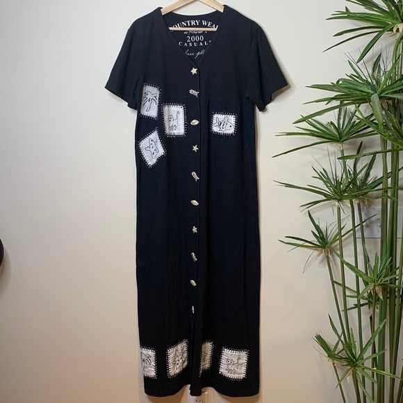 Country Wear Casuals Dresses & Skirts - Country Wear 2000 Black Cotton Linen Fish Cat Patchwork Shortsleeve Maxi Dress M